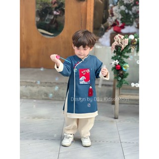 Áo Dài Tết Bé Trai - Áo Dài Xanh Quần Be Chất Nhung Tăm Cho Bé 1-6T - Đậu Kids&Mom