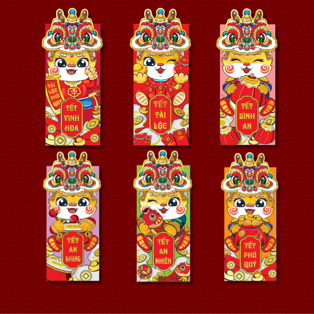 Set 6 Lì Xì Rồng Hot Trend 2024 Mẫu Rồng Gập Nắp Ngang