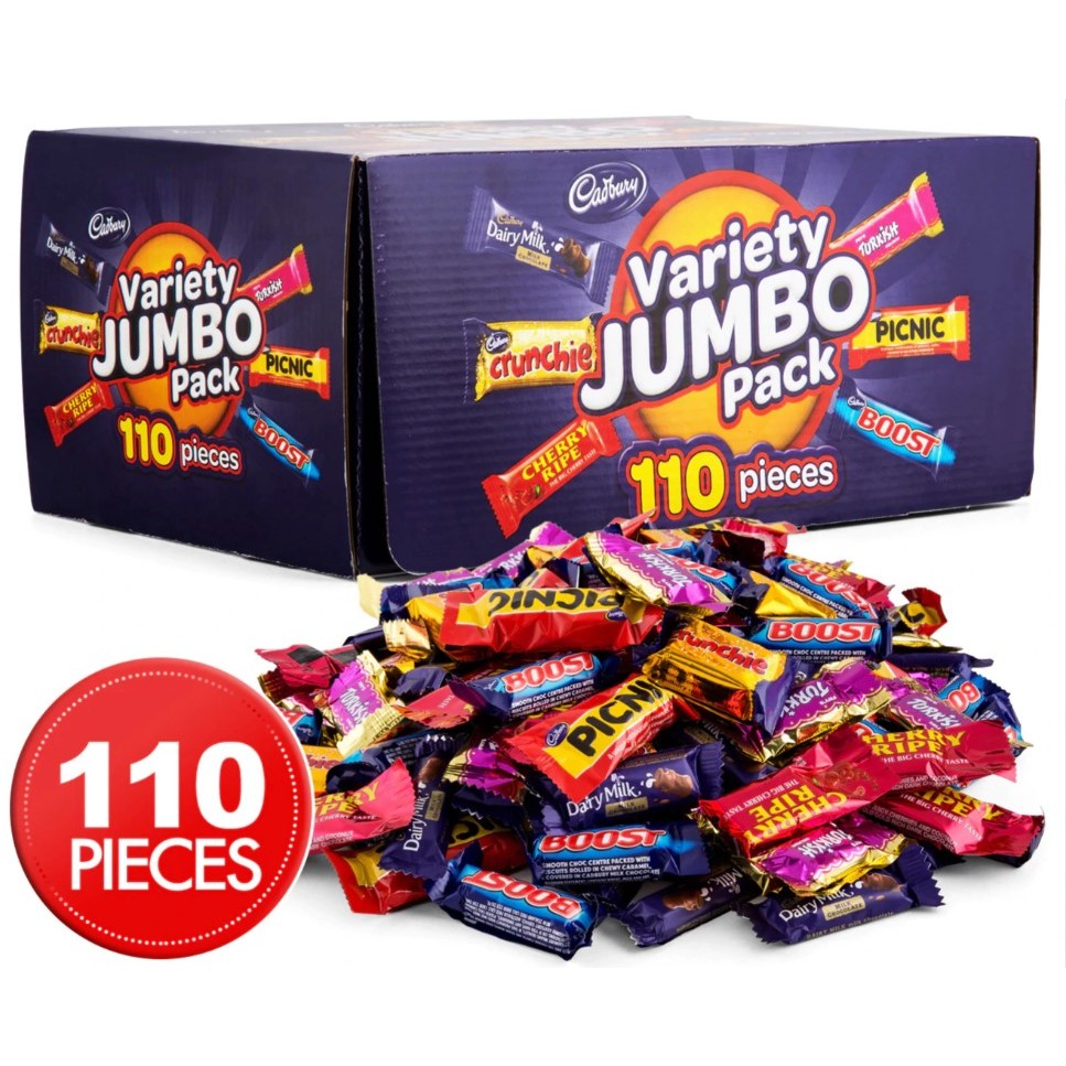 Socola Cadbury Variety Jumbo Chocolate Box 1.56kg Picnic, Boost, Dairy Milk, Crunchie, Cherry Ripe..Loacker extaste