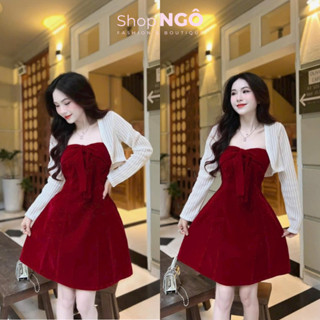 Set đầm nữ nhung đỏ dây nơ ngực có mút váy chữ A kèm khoác ren tay dài sang trọng trẻ trung diện TẾT shop ngô fashion