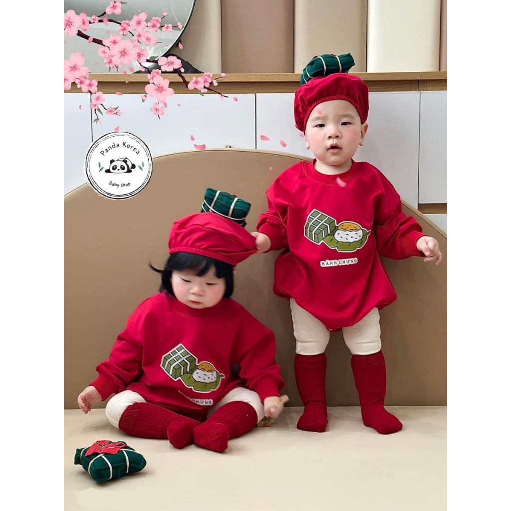 Body dài tay cho bé trai bé gái tặng kèm mũ họa tiết bánh chưng Tết Panda Baby cho bé từ 5 - 13kg