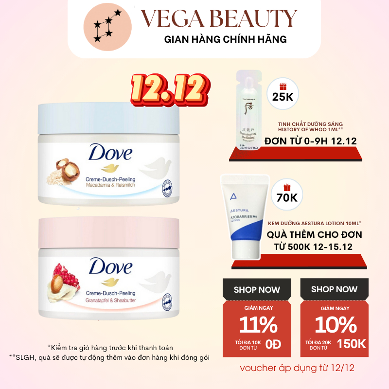Tẩy da chết cơ thể Dove Exfoliating Body Polish 225ml bản Đức giúp da mịn màng mùi Lựu và Hạt Macca