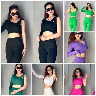 Áo tập thể thao nữ tay dài lệch vai croptoptập gym yoga aerobic thun lạnh cao cấp loại 1
