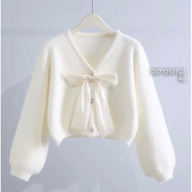Áo len lông phối nơ, áo nữ croptop tay dài khuy ngọc sang trọng VIENS STORE