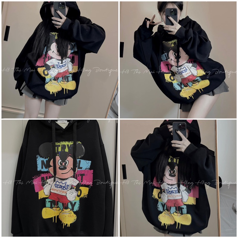 Áo hoodies nỉ Mickey dáng rộng mũ 2 lớp Unisex hình in 5D siêu nét