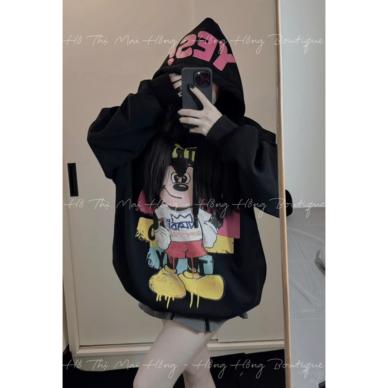 Áo hoodies nỉ Mickey dáng rộng mũ 2 lớp Unisex hình in 5D siêu nét