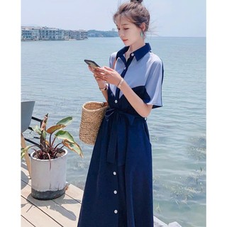 Đầm váy freesize sơ mi xanh phối kiểu