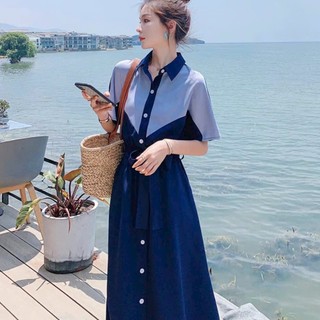 Đầm váy freesize sơ mi xanh phối kiểu