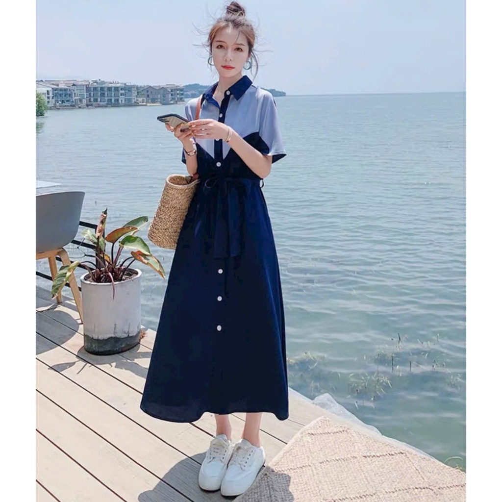 Đầm váy freesize sơ mi xanh phối kiểu