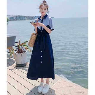 Đầm váy freesize sơ mi xanh phối kiểu