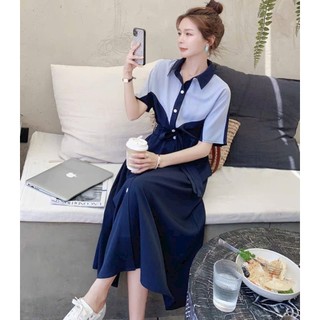 Đầm váy freesize sơ mi xanh phối kiểu