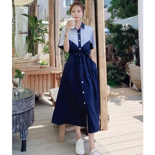 Đầm váy freesize sơ mi xanh phối kiểu