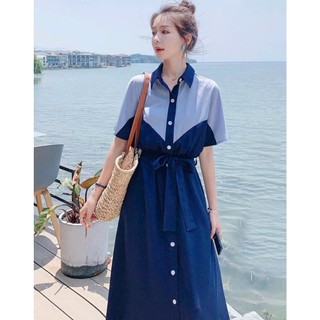 Đầm váy freesize sơ mi xanh phối kiểu