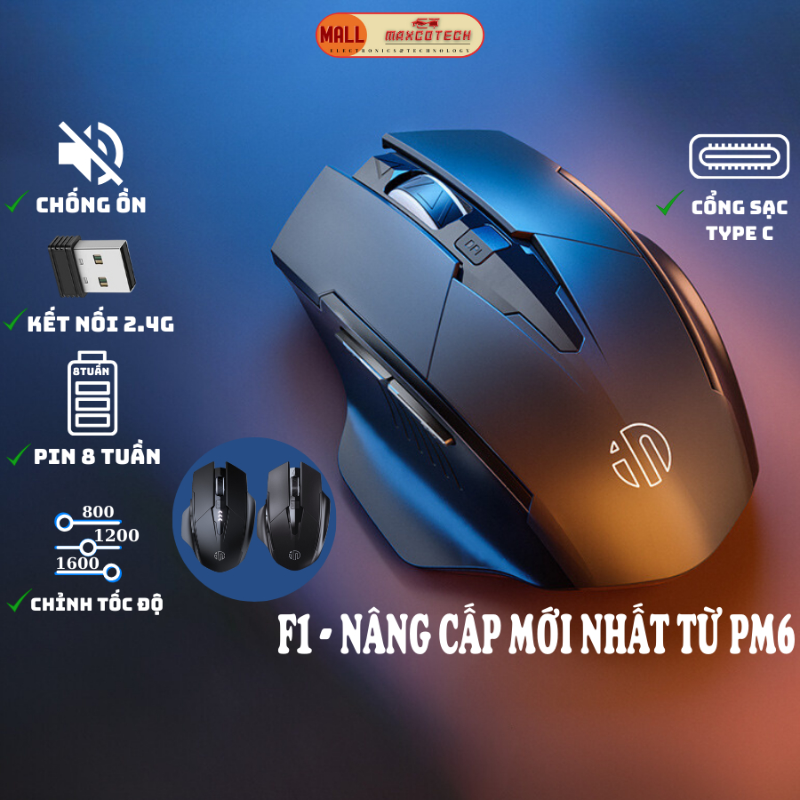 Chuột không dây gaming sạc pin Maxcotech Inphic F1 cho game thủ báo mức pin chống ồn kết nối Wireless 2.4G