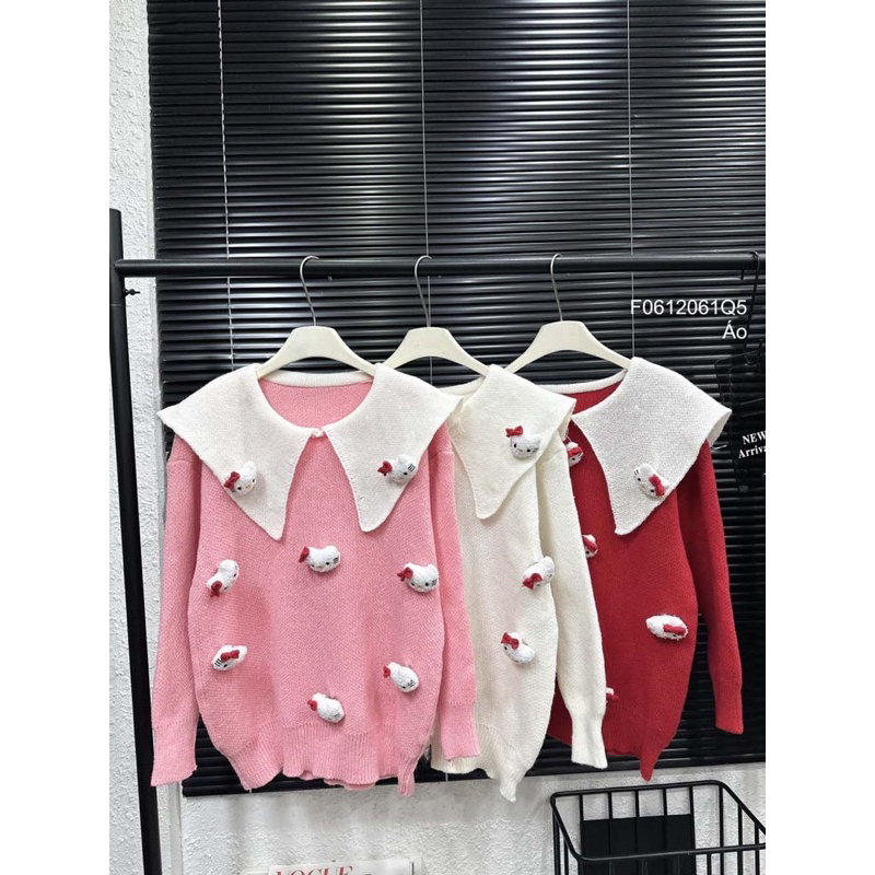 Áo len phối hình kiti nổi, áo nữ cổ lật form rộng tay dài cá tính VIENS STORE