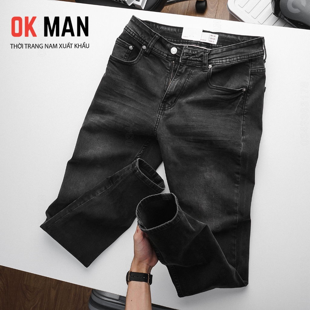 Quần jean nam đen xám cáo cấp, quần bò ống đứng co giãn thoải mái OKMAN 587588