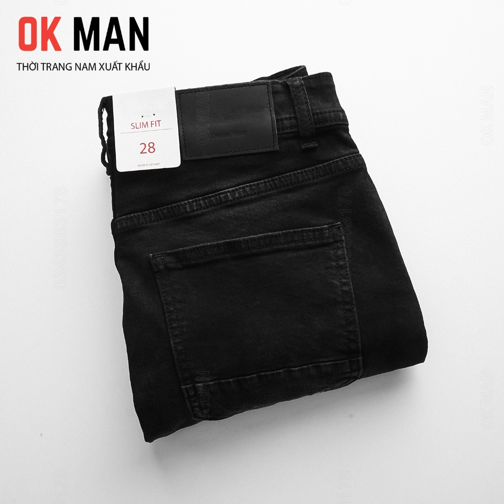 Quần jean nam đen xám cáo cấp, quần bò ống đứng co giãn thoải mái OKMAN 587588