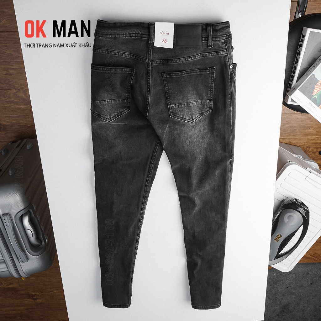 Quần jean nam đen xám cáo cấp, quần bò ống đứng co giãn thoải mái OKMAN 587588