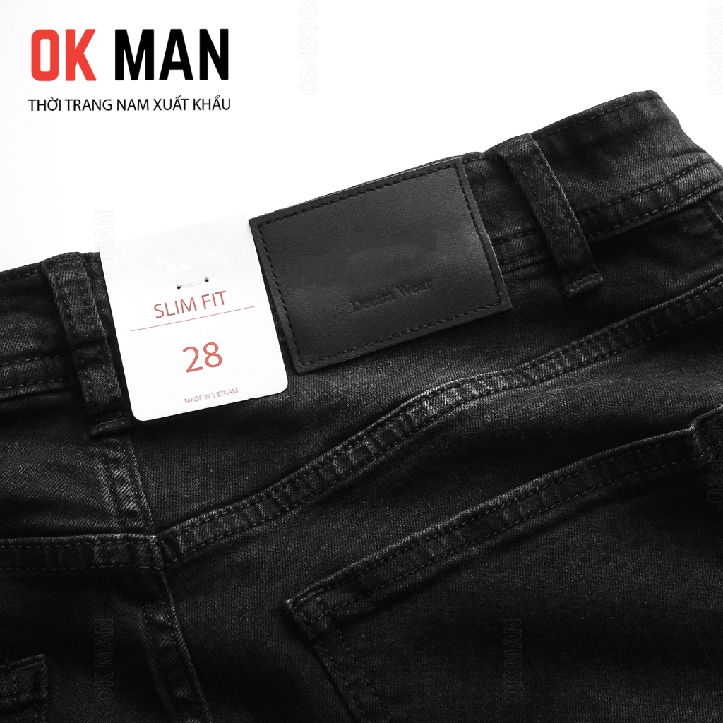 Quần jean nam đen xám cáo cấp, quần bò ống đứng co giãn thoải mái OKMAN 587588
