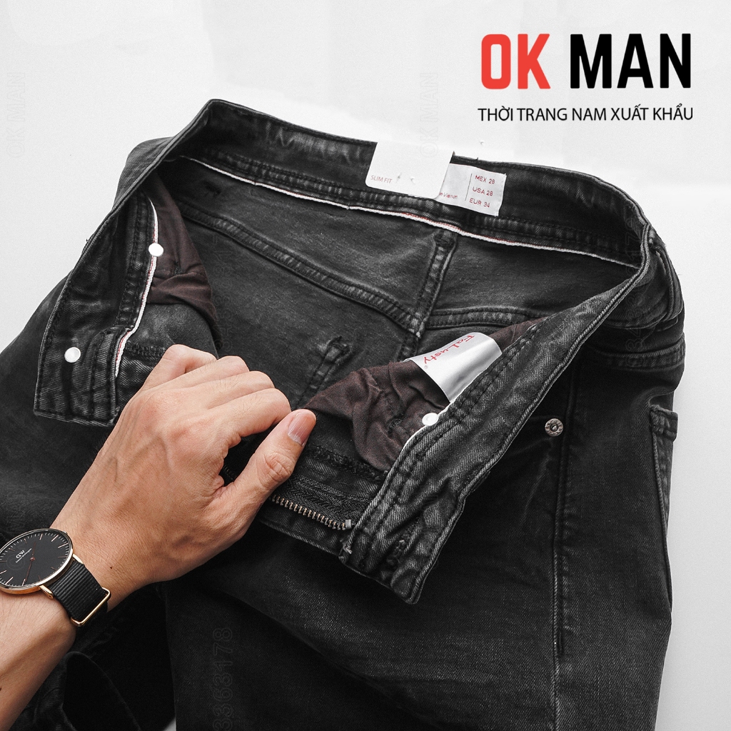 Quần jean nam đen xám cáo cấp, quần bò ống đứng co giãn thoải mái OKMAN 587588