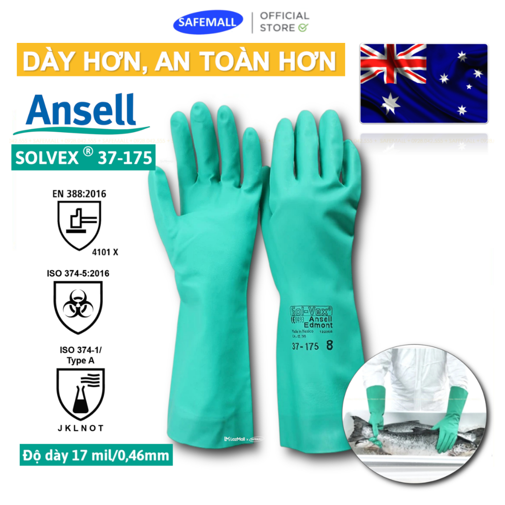Găng tay bảo hộ hóa chất Ansell Alphatec 37-175, độ dày cao, bền rai, thích hợp vệ sinh, tẩy rửa, gia dụng - SAFEMALL
