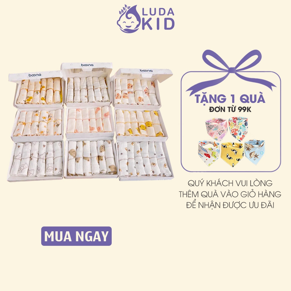 Khăn sữa Boona cho bé, Set 6 khăn xô muslin siêu mềm mịn, rửa mặt, tắm cho bé sơ sinh LUDAKID