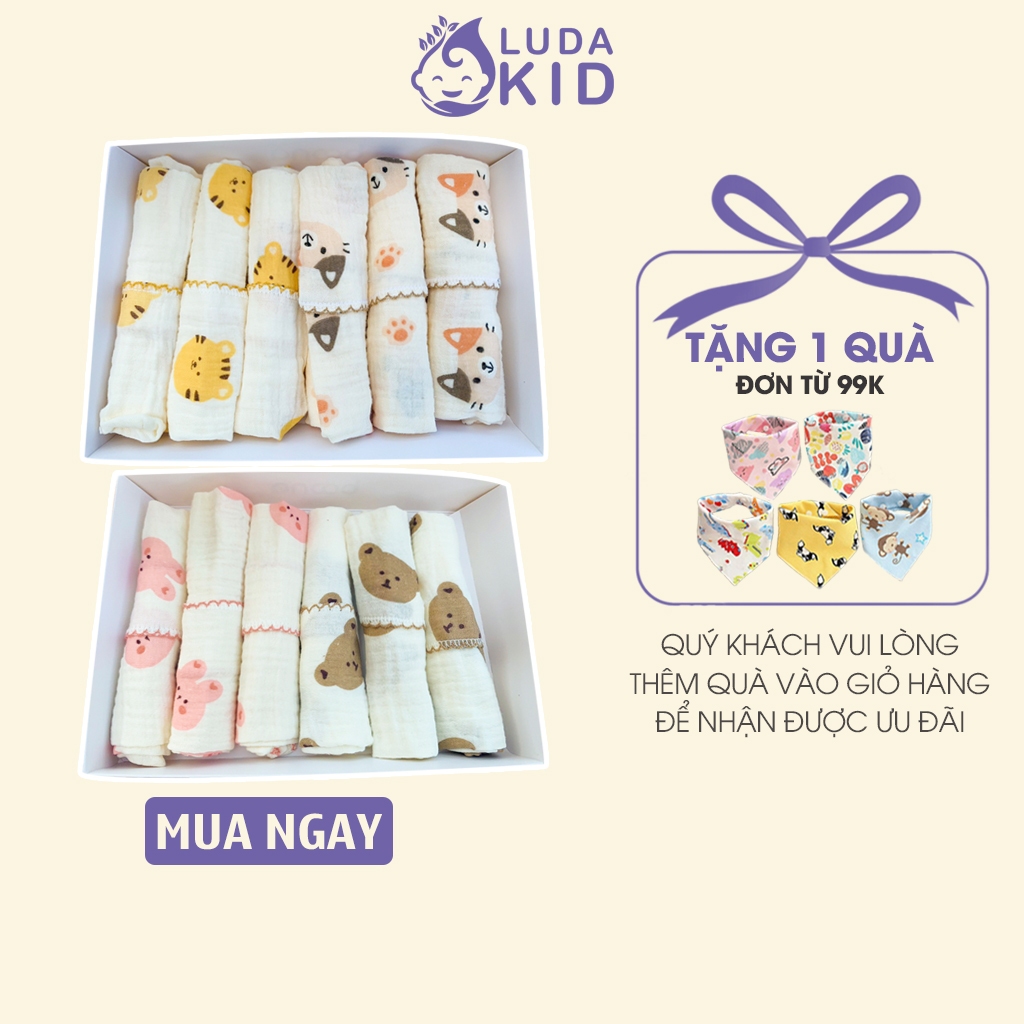 Set 6 khăn sữa Boona cho bé MIX Mèo+Hổ Vàng, Thỏ+Gấu, khăn xô muslin siêu mềm mịn, rửa mặt, tắm cho bé sơ sinh LUDAKID