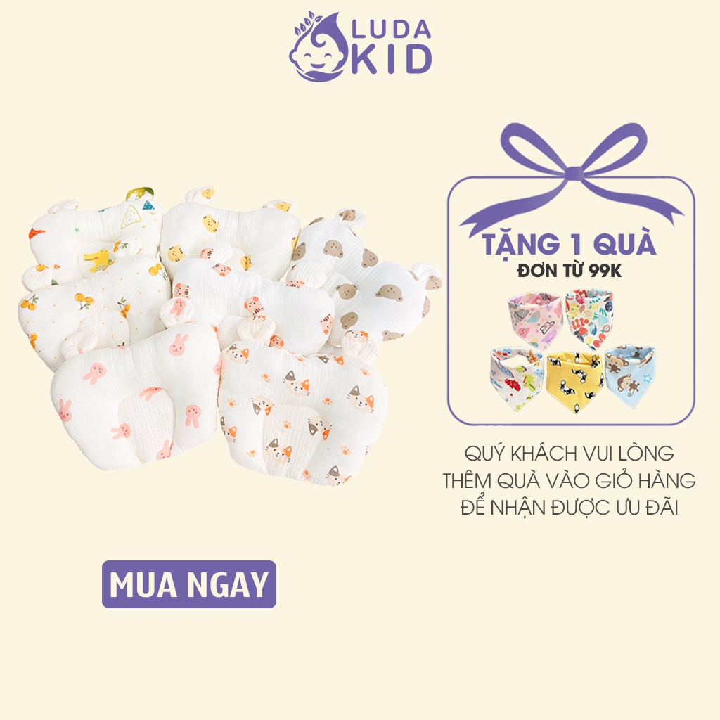 Gối lõm trái tim Boona chống méo đầu xô Muslin ruột bông tự nhiên cho bé sơ sinh siêu mềm, thấm hút mồ hôi tốt LUDAKID