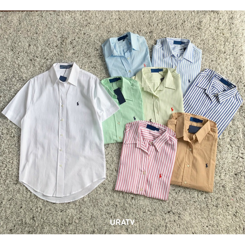 Áo sơ mi tay ngắn thêu logo P0.L0 vải linen cotton