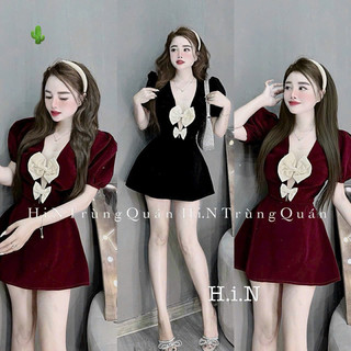 Đầm nhung ngắn nơ 2 cái nhỏ ngực xinh xoè nhẹ đi tiệc pc