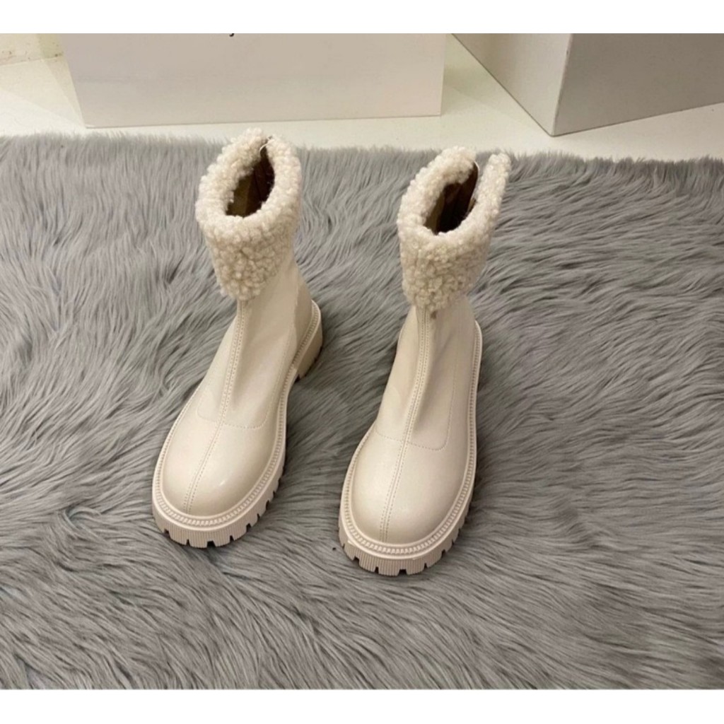 Bốt Da Nữ Cổ Lửng Phối Lông Đế Răng Cưa 2 màu Đen, Kem Sang Chảnh HOTTREND 2023 !