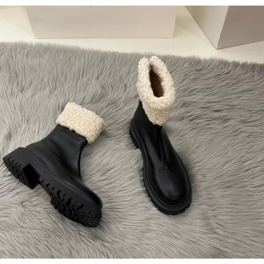 Bốt Da Nữ Cổ Lửng Phối Lông Đế Răng Cưa 2 màu Đen, Kem Sang Chảnh HOTTREND 2023 !