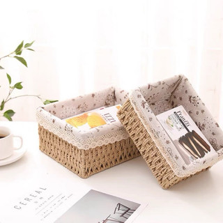 Giỏ mây có lót vải đựng đồ, giỏ chữ nhật đựng mỹ phẩm, đựng đồ ăn vặt để bàn HANHDECOR