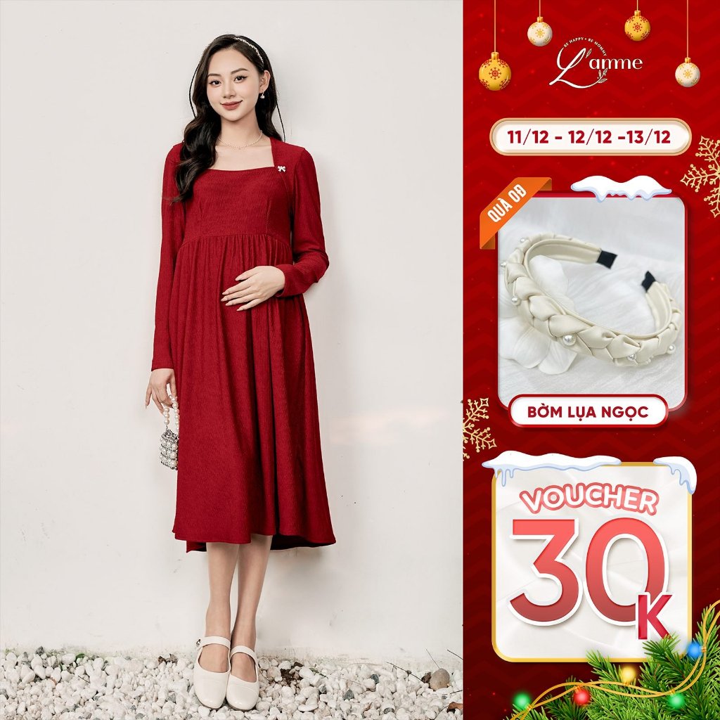 Đầm bầu thiết kế Jolie Dress váy bầu thu đông dài tay cổ vuông thanh lịch thời trang By Lamme