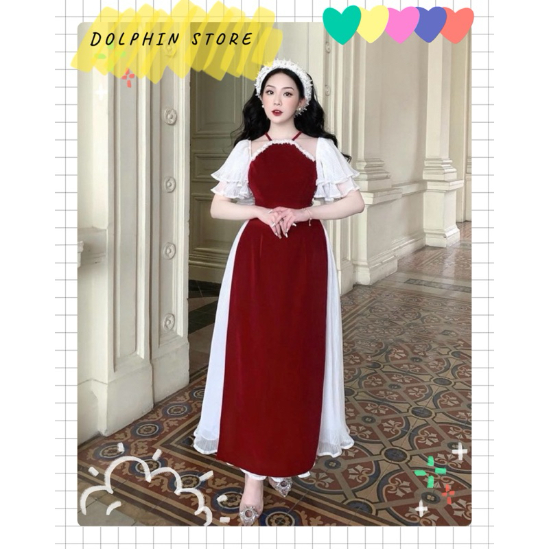 BIGSIZE Áo dài cổ yếm bigsize - Áo dài nhung kèm chân váy bigsize - Áo dài đỏ bigsize - Áo dài cách tân bigsize