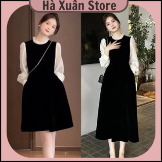 Váy Nhung Dáng Xoè Phối Cổ Bèo Siêu Xinh_Haxuanstore