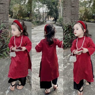 Áo dài gấm hoa nơ bèo cho bé gái RingRingkids Áo dài bé gái Tết 2023