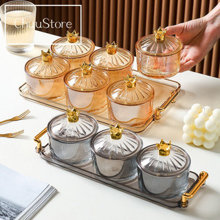 Khay đựng bánh kẹo thuỷ tinh núm vương miện kèm khay đựng hoa quả mứt tết 6 ngăn có nắp