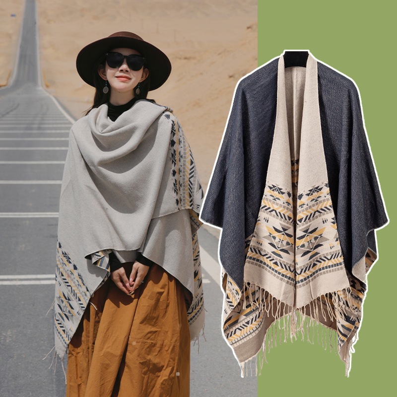 Khăn áo choàng boho thổ cẩm nữ mùa thu đông áo choàng len dạ dày poncho khoác ngoài - Mã LE55 The Collar Box