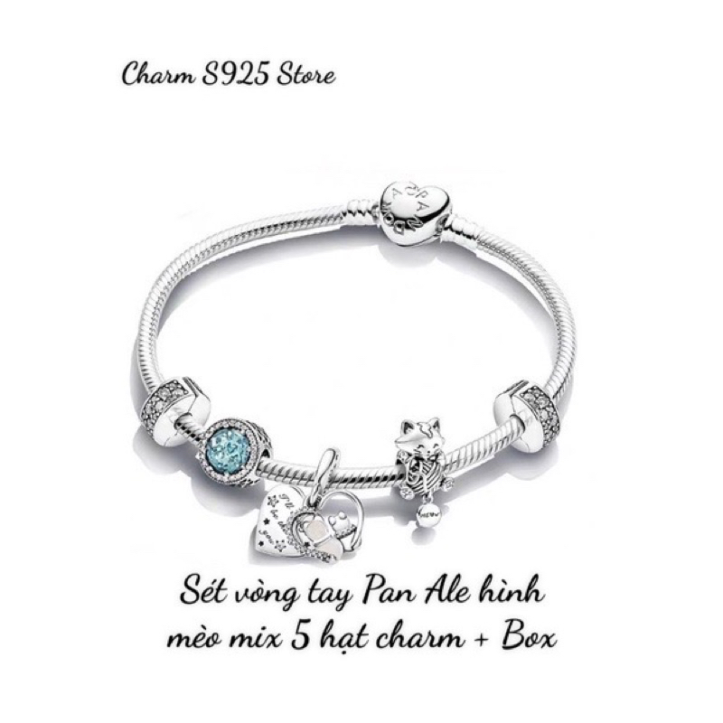 combo bộ vòng tay mix 5 hạt charm pan hoạ tiết mèo bạc s925