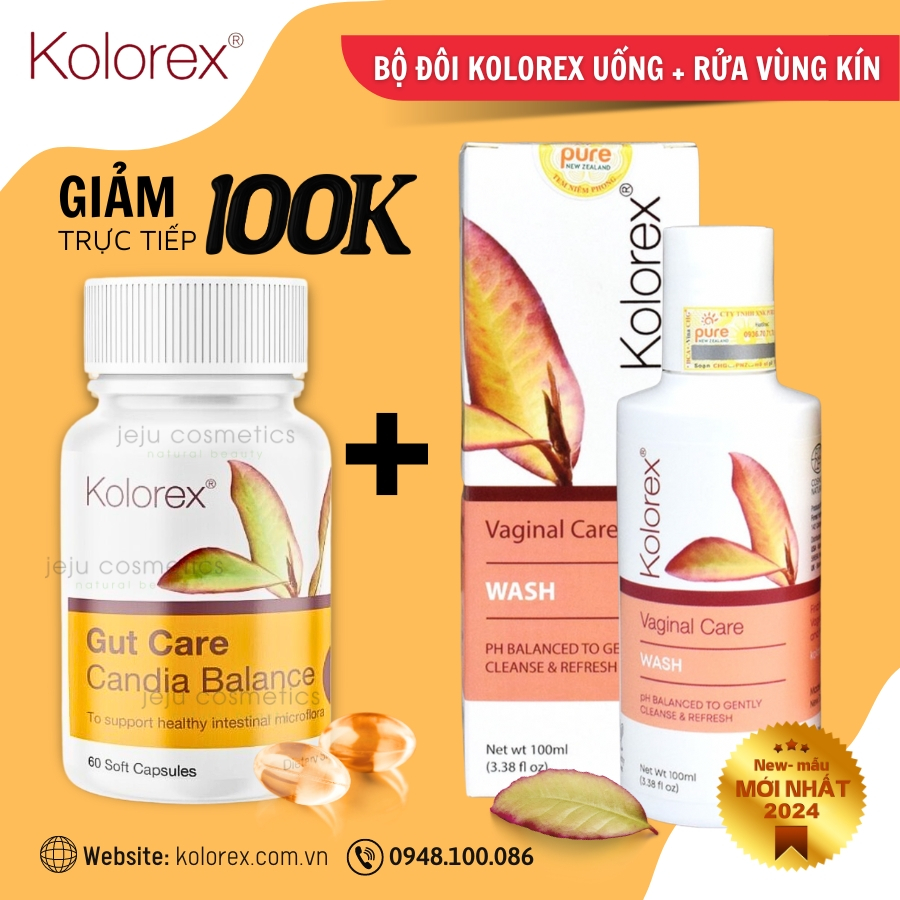 Bộ Đôi Kolorex  - Vaginal Care Wash 100ml & Gut Care Candida Balance 30 viên