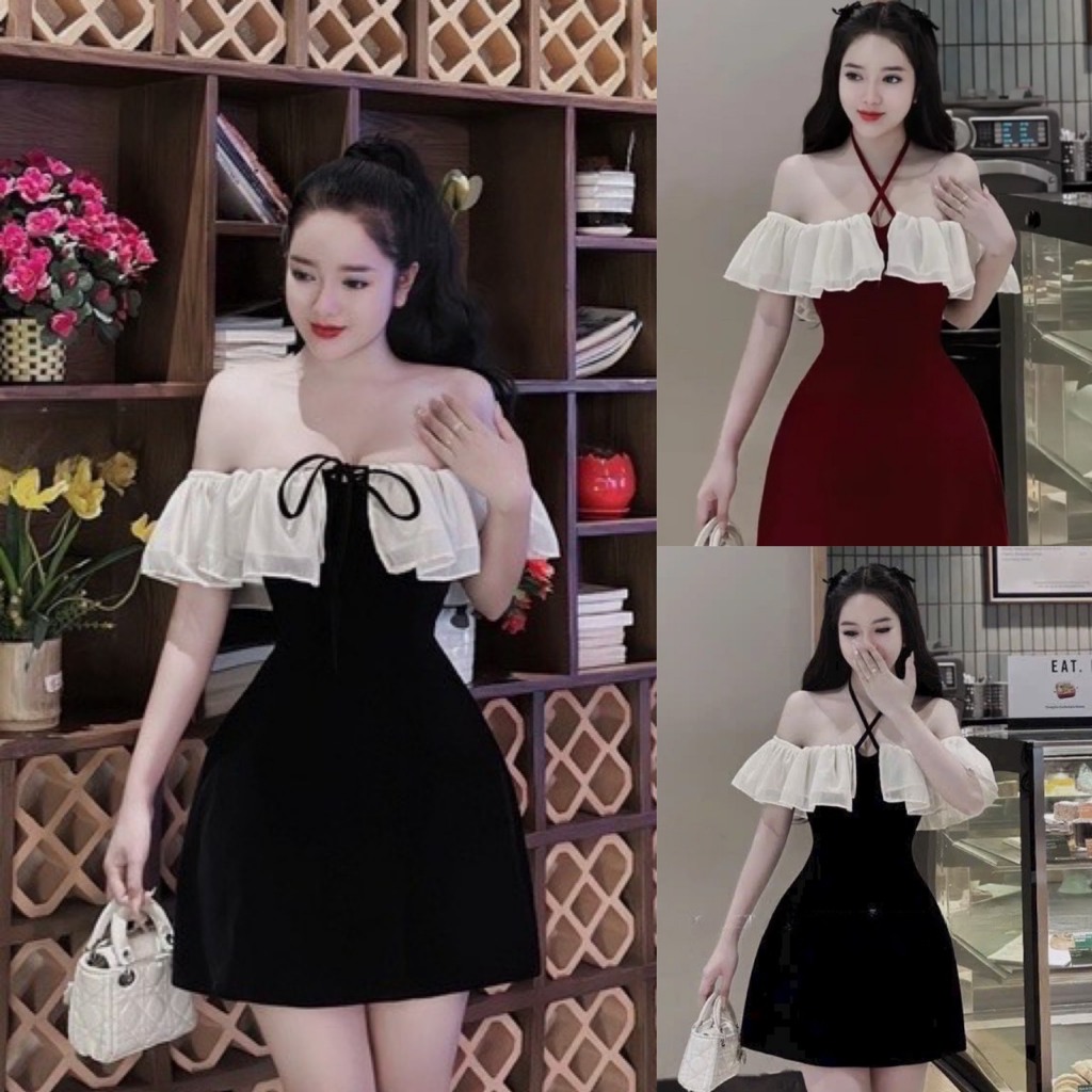 đầm nhung nữ trễ vai phối bèo buộc dây 2 kiểu sang chảnh,váy dự tiệc bánh bèo nữ tính V662 SUTANO