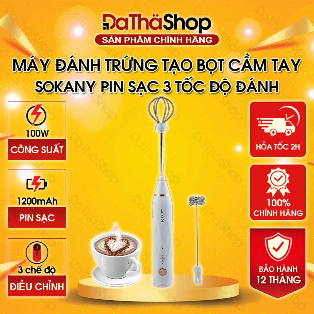 Máy Đánh Trứng SOKANY Tạo Bọt Cà Phê Cầm Tay SẠC PIN 3 Tốc Độ Đánh, Nhỏ Gọn, Dễ Tháo Lắp