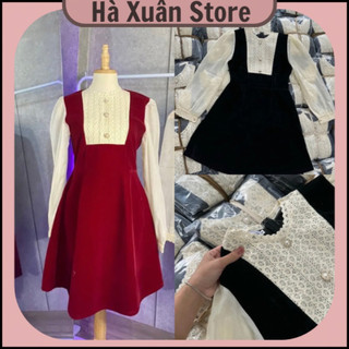 Váy Nhung Phối Ren Tay Voan Siêu Xinh M105_Haxuanstore