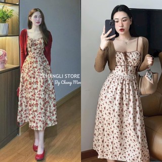 Set đầm hoa hai dây kèm khoác