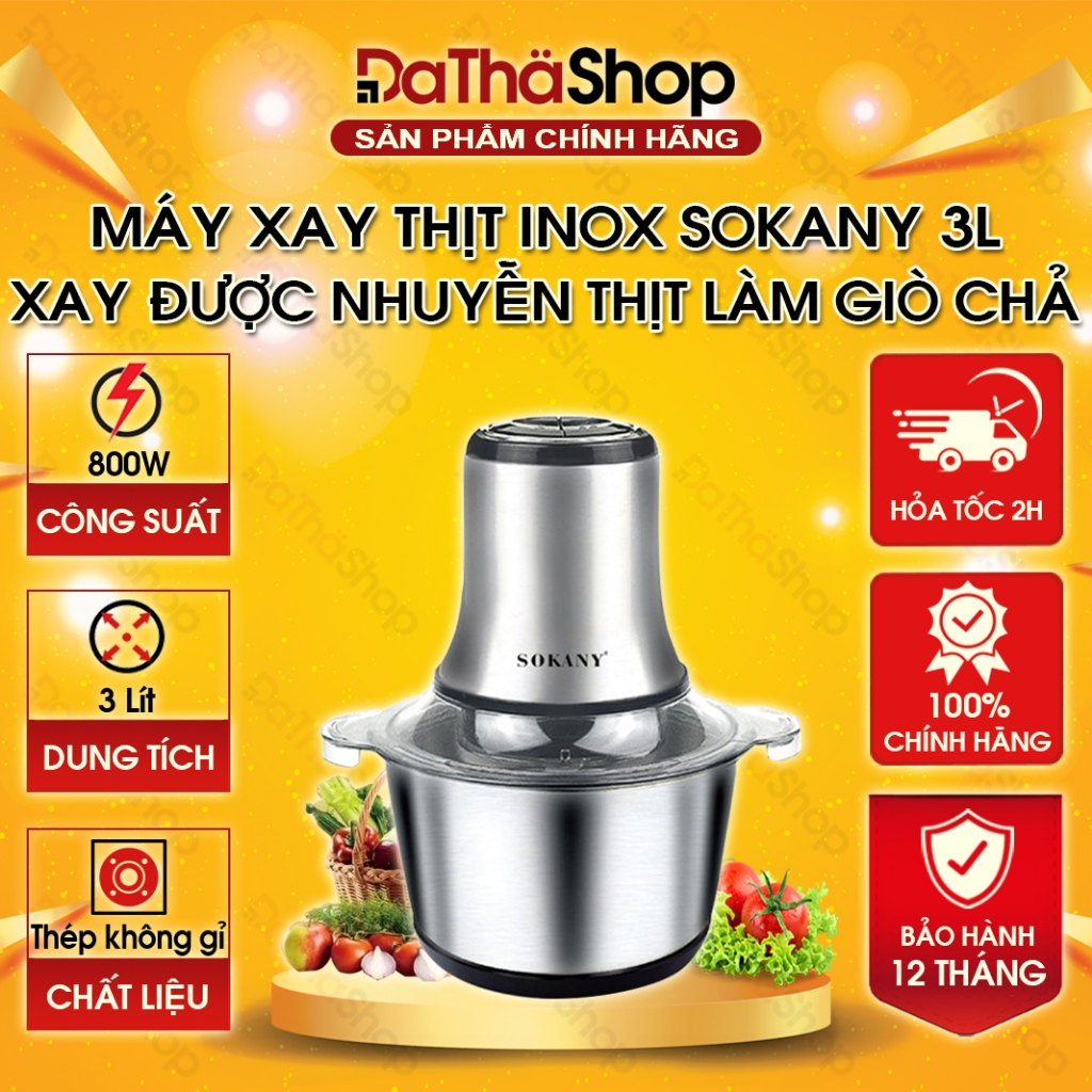 Máy Xay Thịt SOKANY Thực Phẩm Bằng Inox Dung Tích 3L, Công Suất 800W, An Toàn, Xay Được Nhuyễn Thịt Làm Giò Chả