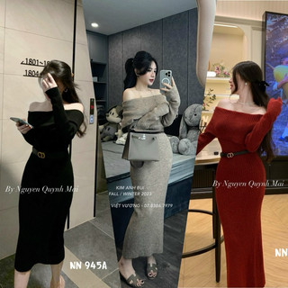 Váy len trễ vai body dáng dài kèm đai sẵn 3 màu