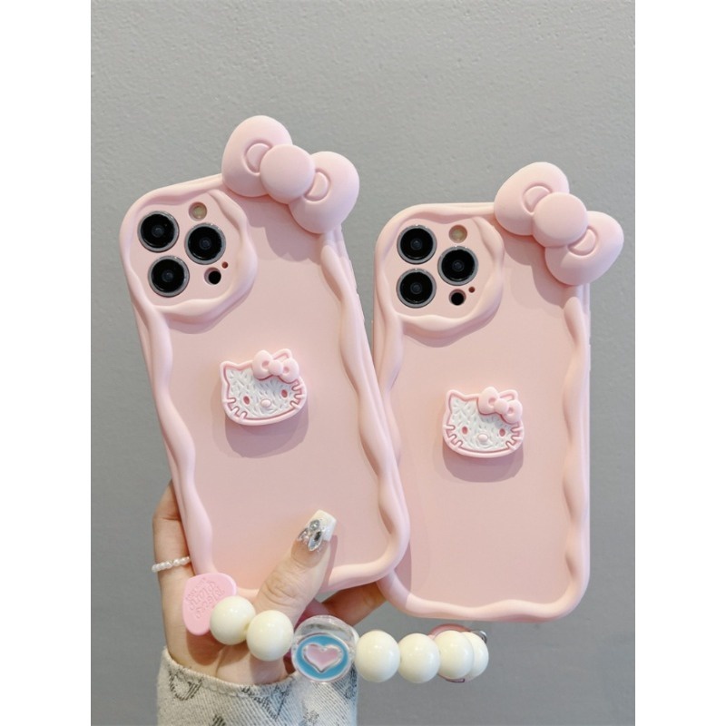 Ốp Điện Thoại iPhone Màu Hồng Viền Nổi Sóng Kèm Nơ Có Vòng Đeo Tay Nữ Tính 7 8 plus xs xr 11 12 13 14 15 pro plus promax