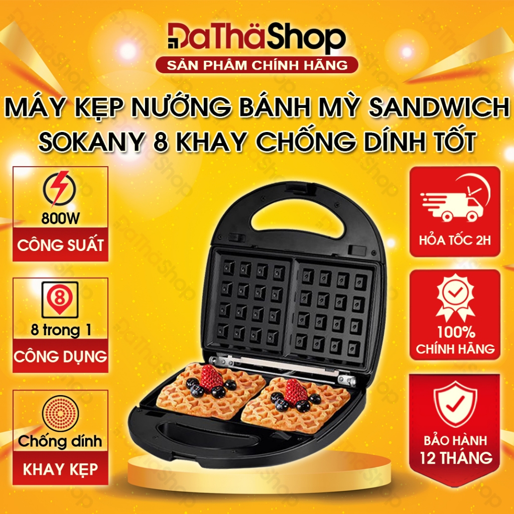 Máy Kẹp Bánh Mì SOKANY 8 Khay Chống Dính Tốt, Công Suất Lớn Tới 800W Giúp Máy Nướng Bánh Nhanh Chóng