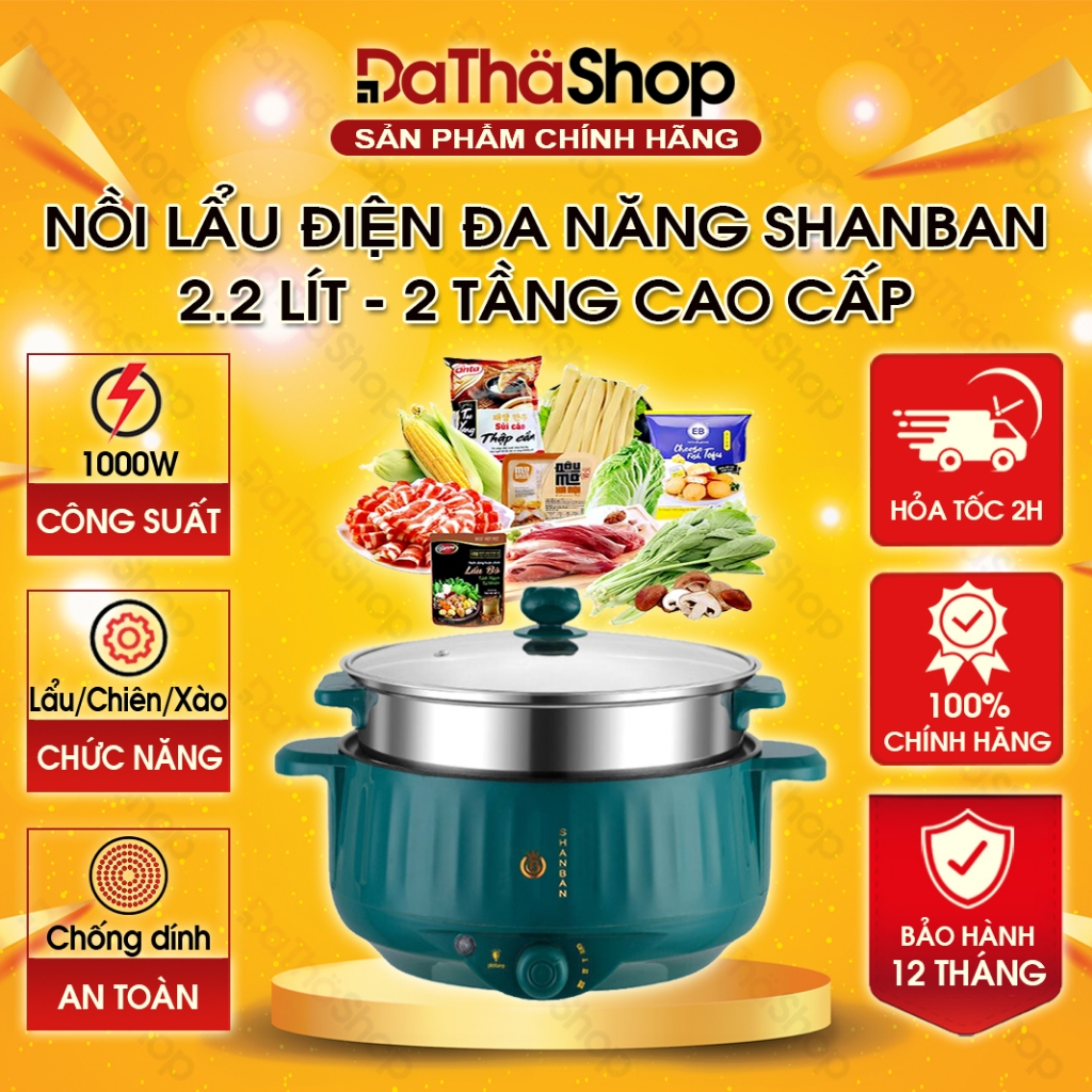 Nồi Lẩu Điện SHANBAN 2 Tầng Kèm Khay Hấp Inox 2.2L Chiên Xào Chống Dính Cao Cấp 26 cm
